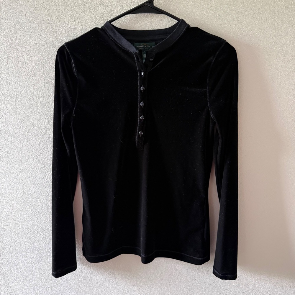 Lauren Ralph Lauren Black Velvet Henley Top Long Sleeve Button Front Womens XS